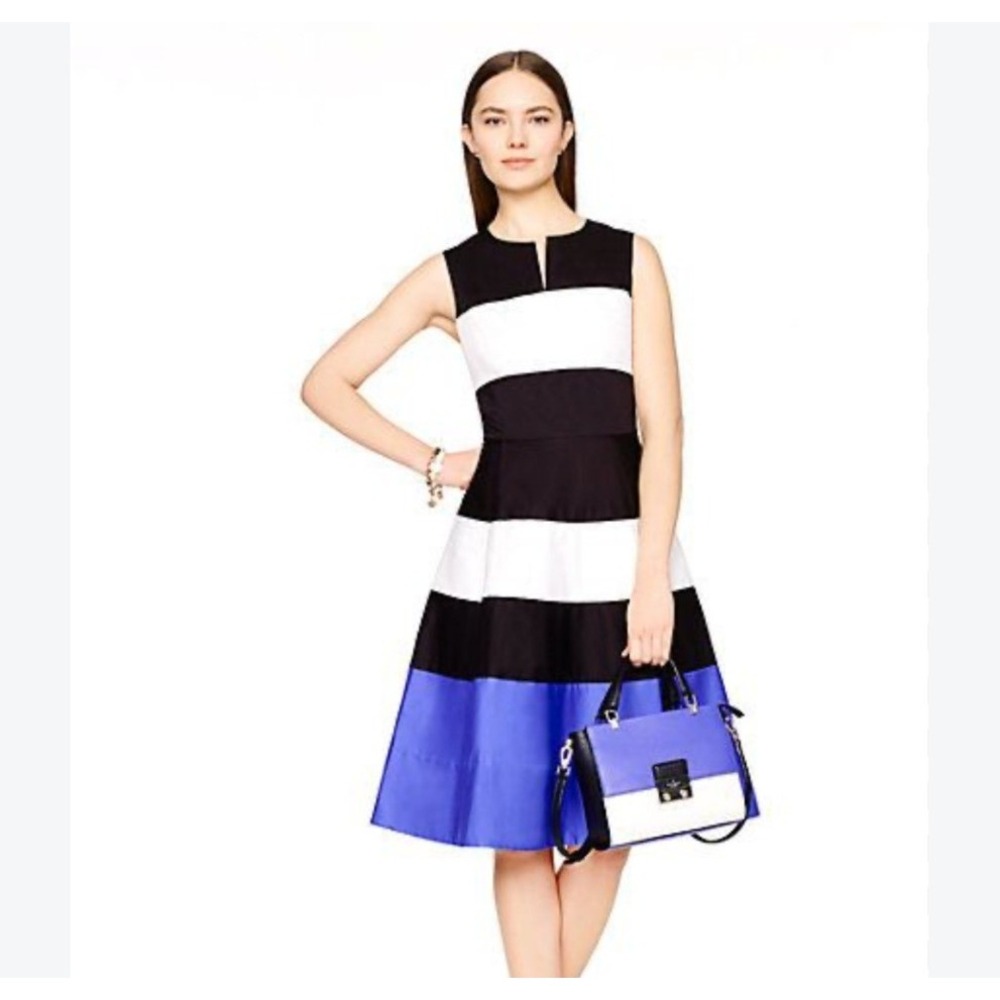 Kate Spade Fit & Flare Dress Womens 2 Black White Blue Excellent Striped Midi